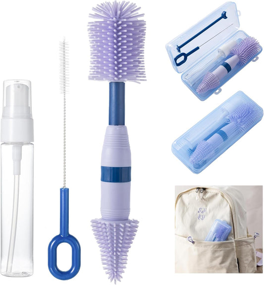 Travel Bottle Brush, 6-in-1 Portable Travel Bottle Cleaner Kit with Small Bottle Brush Built in Drying Rack, Nipple Brush, Straw Brush, Soap Dispenser, for Baby Bottles Under 8 OZ, BPA-Free(Purple)