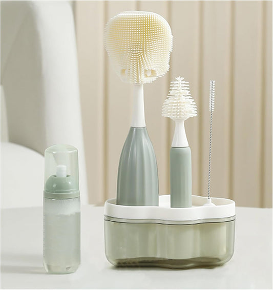 Baby Bottle Brush Kit with Push-Press Bubble and Drying Rack for Bottle Cleaning, Bendable Bottle Cleaner Brush for Baby Bottles, Breast Pumps, Nipples, Straws and More. Perfect for Home&Travel