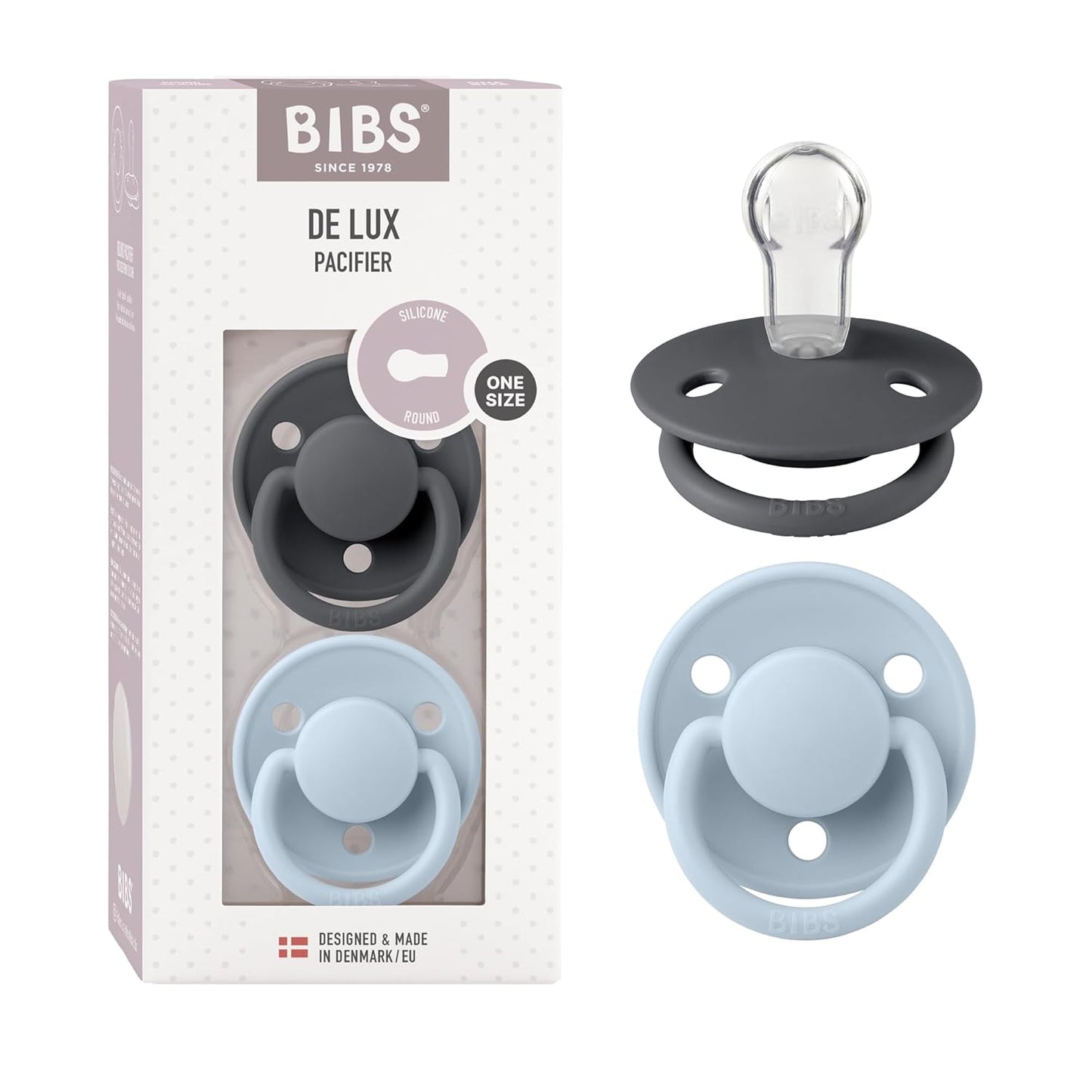 BIBS Pacifiers - De Lux Collection | BPA-Free Baby Pacifier | Made in Denmark | Set of 2 Iron/Baby Blue Color Premium Soothers | Size One Size