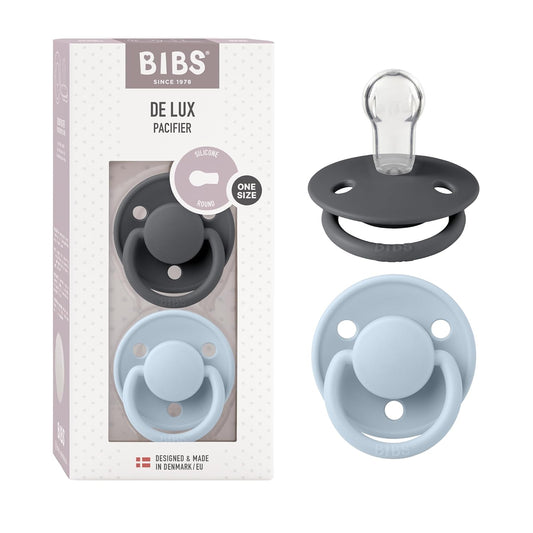 BIBS Pacifiers - De Lux Collection | BPA-Free Baby Pacifier | Made in Denmark | Set of 2 Iron/Baby Blue Color Premium Soothers | Size One Size