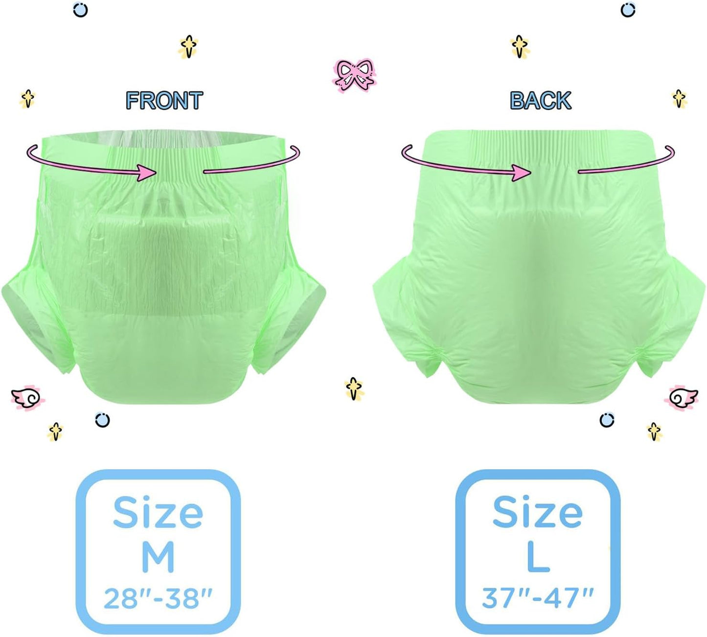 CutiePlusU Disposable Adult Diaper Heavy Absorption Dry Surface Adult Diapers All Night- Green 10 Pieces (Medium 28"-38")