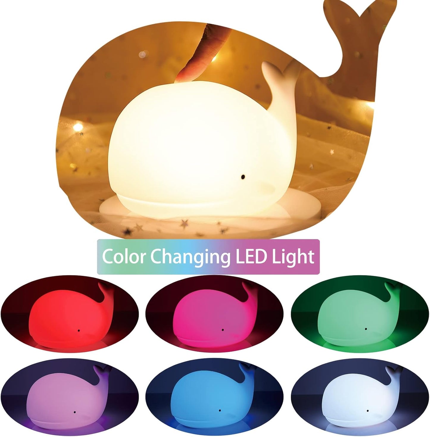 ZKLiLi Children's Night Light Cute Whale Light, 16 Colors+Touchable+Silicone Children's Night Light, USB Rechargeable Whale Night Light for Children's Room, Girl's Birthday and Easter Gift (Whale)