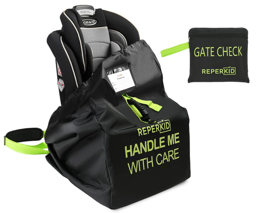 reperkid Car Seat Travel Bag for Airplane, Black and Green, 33" H x 18" W x 18" D, Fits Most Convertible, Booster and Infant Car Seats – Premium Waterproof Cover, Adjustable Shoulder Strap