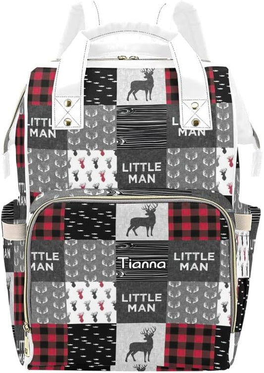 Antler Little Man Red Woodland Plaid Diaper Bags with Name Waterproof Mummy Backpack Nappy Nursing Baby Bags Gifts Tote Bag for Women