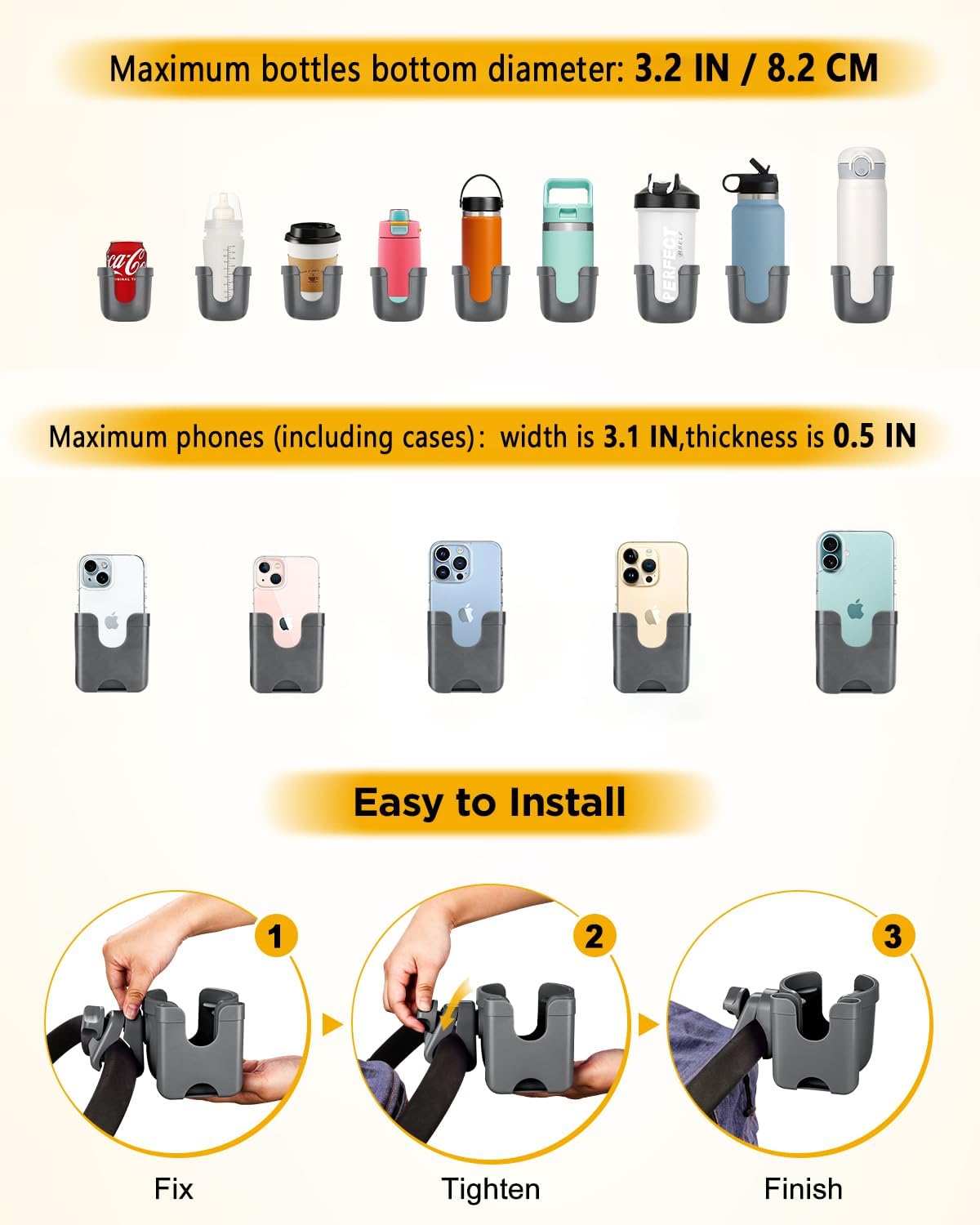 Universal Stroller Cup Holder with Mobile Phone Case, 2-in-1 Strollers Storage Rack, 360 Degrees Rotation Drink Holder for Bike, Pushchair, Wheelchair, Walker,Bicycle, Fits Most Cups (Gray)