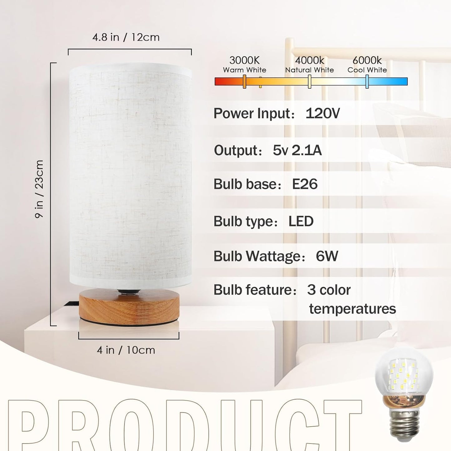 3-Color Adjustable Bedside Table Lamp for Bedroom,Minimalist Wood Base&Round Fabric Shade,Cozy Lighting Nightstand Boho Lamp,Study Reading Desk Night Stand Light for Living Room,Office,kitchen,Nursery
