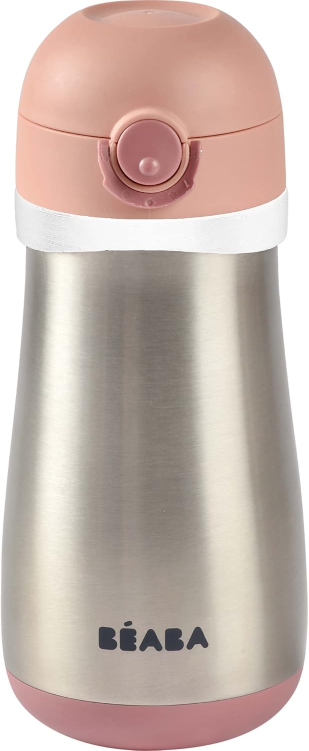 BEABA Kids Stainless Steel Insulated Water Bottle, Kids Water Bottle, Toddler Thermos with Spill Proof Spout and Close Top, Perfect for Travel, (Rose)