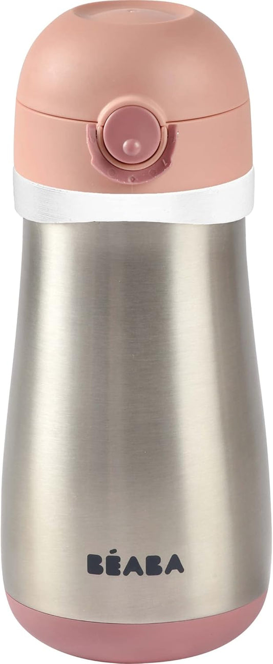 BEABA Kids Stainless Steel Insulated Water Bottle, Kids Water Bottle, Toddler Thermos with Spill Proof Spout and Close Top, Perfect for Travel, (Rose)
