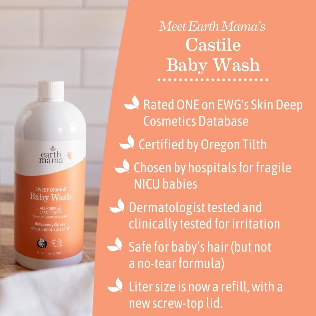 Earth Mama Sweet Orange Baby Wash Liquid Hand Soap Refill, Organic Body Wash for Sensitive Skin, All Purpose Castile Soap Liquid with Coconut Oil, Shea Butter, Calendula & Aloe, 34 fl oz (2-Pack)