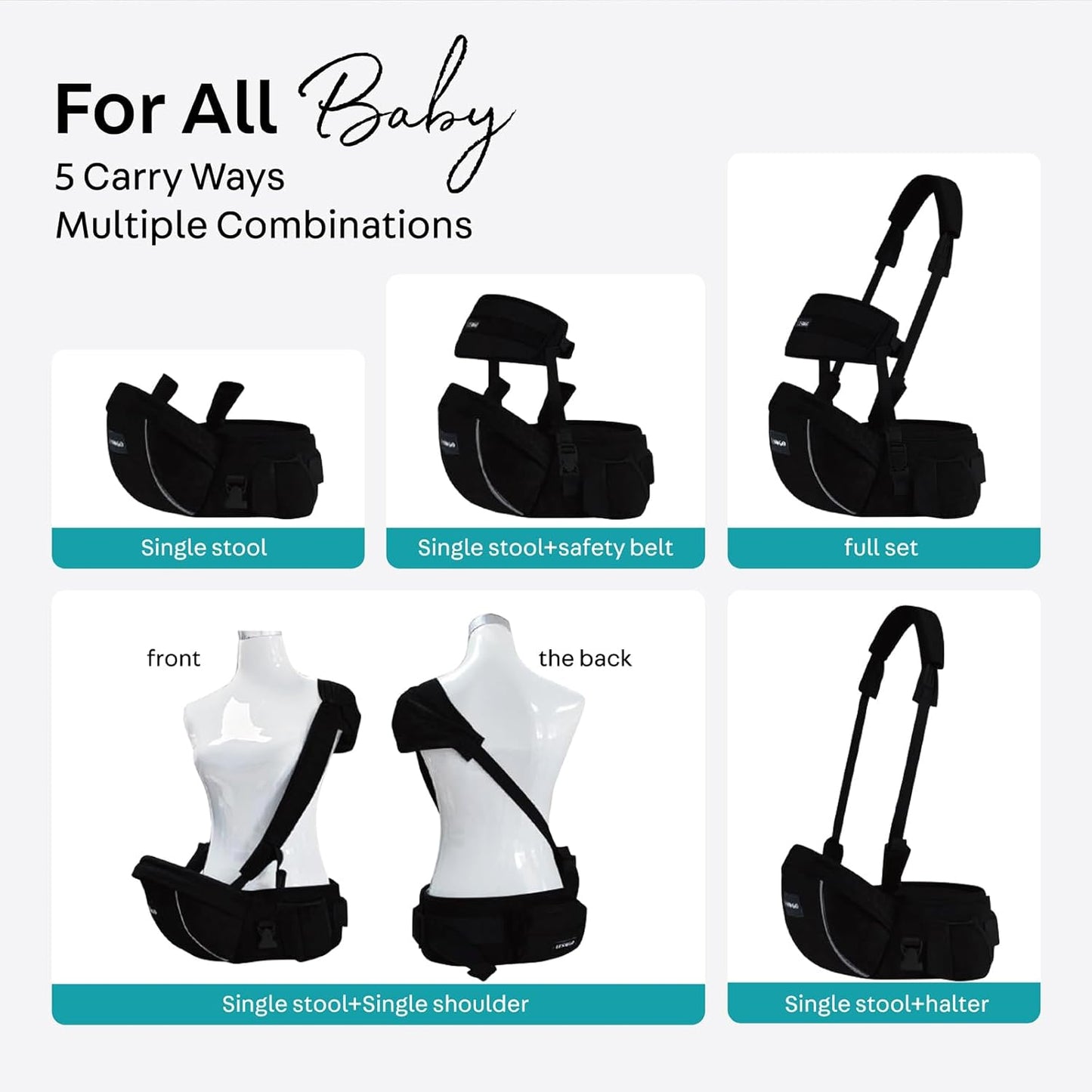 Baby Hip Carrier,Baby Carrier with Shoulder Strap,Adjustable Extended Waistband with Various Pockets-Ergonomic,Baby Carrier for Newborns & Toddlers -Black
