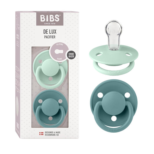 BIBS De Lux Baby Pacifier 2-Pack | Made in Denmark | BPA Free Dummy Soother, Round Nipple. Silicone, OneSize (0-36 Months), Nordic Mint/Island Sea