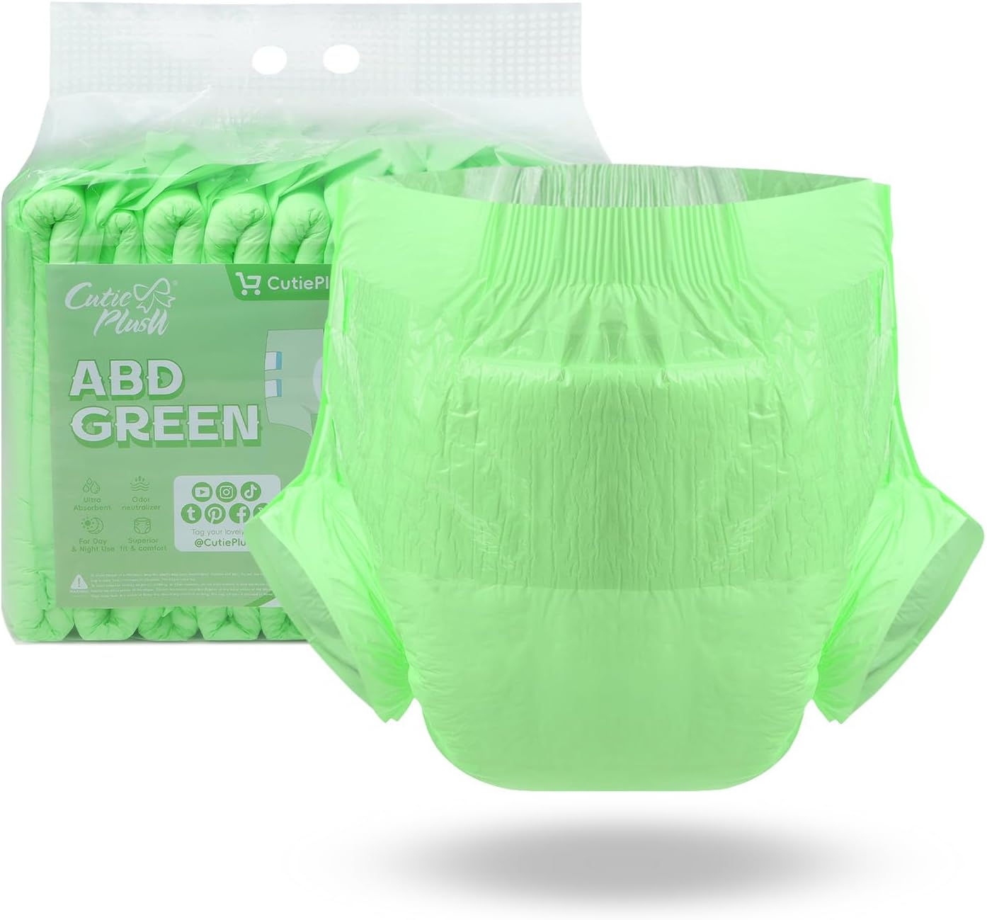 CutiePlusU Disposable Adult Diaper Heavy Absorption Dry Surface Adult Diapers All Night- Green 10 Pieces (Medium 28"-38")
