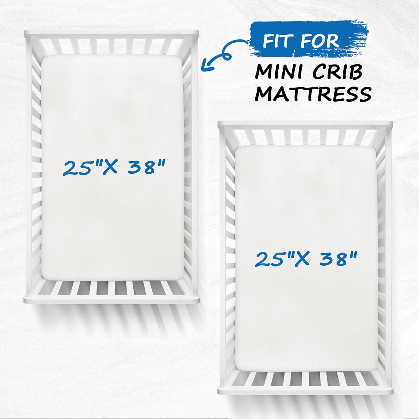 Pack and Play Sheets Waterproof, 2 Pack Cotton Mini Crib Sheets 38"x 25", Compatible with Graco Pack n Play, Dream on Me, Delta Portable Crib and Arms Reach Ideal Cosleeper, Baby Girl Boy, White