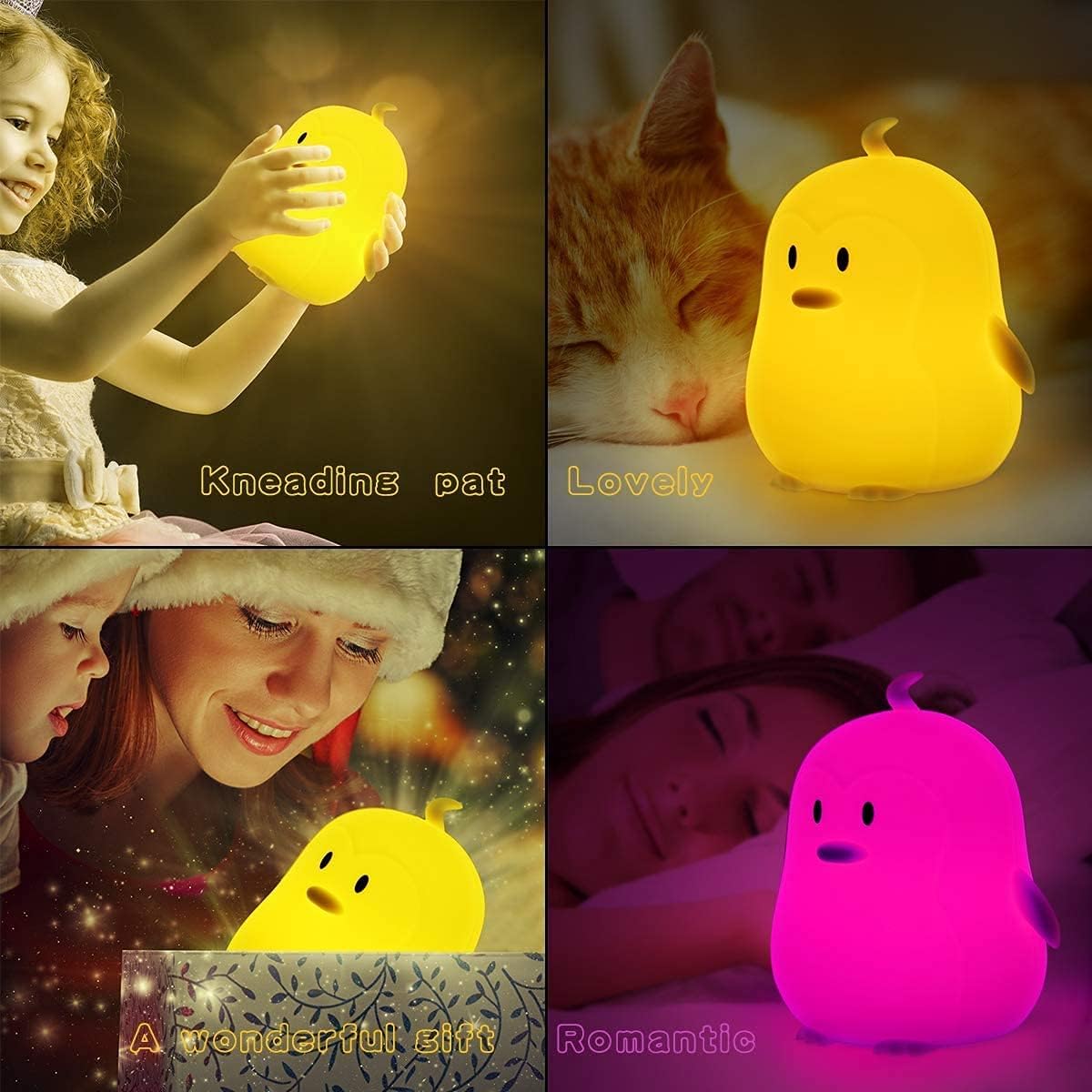 Night Light, LED Cute Silicone Lamp Bedside Lamp, Animal Light - 9 Colors Changing/USB Rechargeable/Remote Control/Dimmable Children Night Light for Kids/Bedroom/Baby Feeding - Medium Penguin