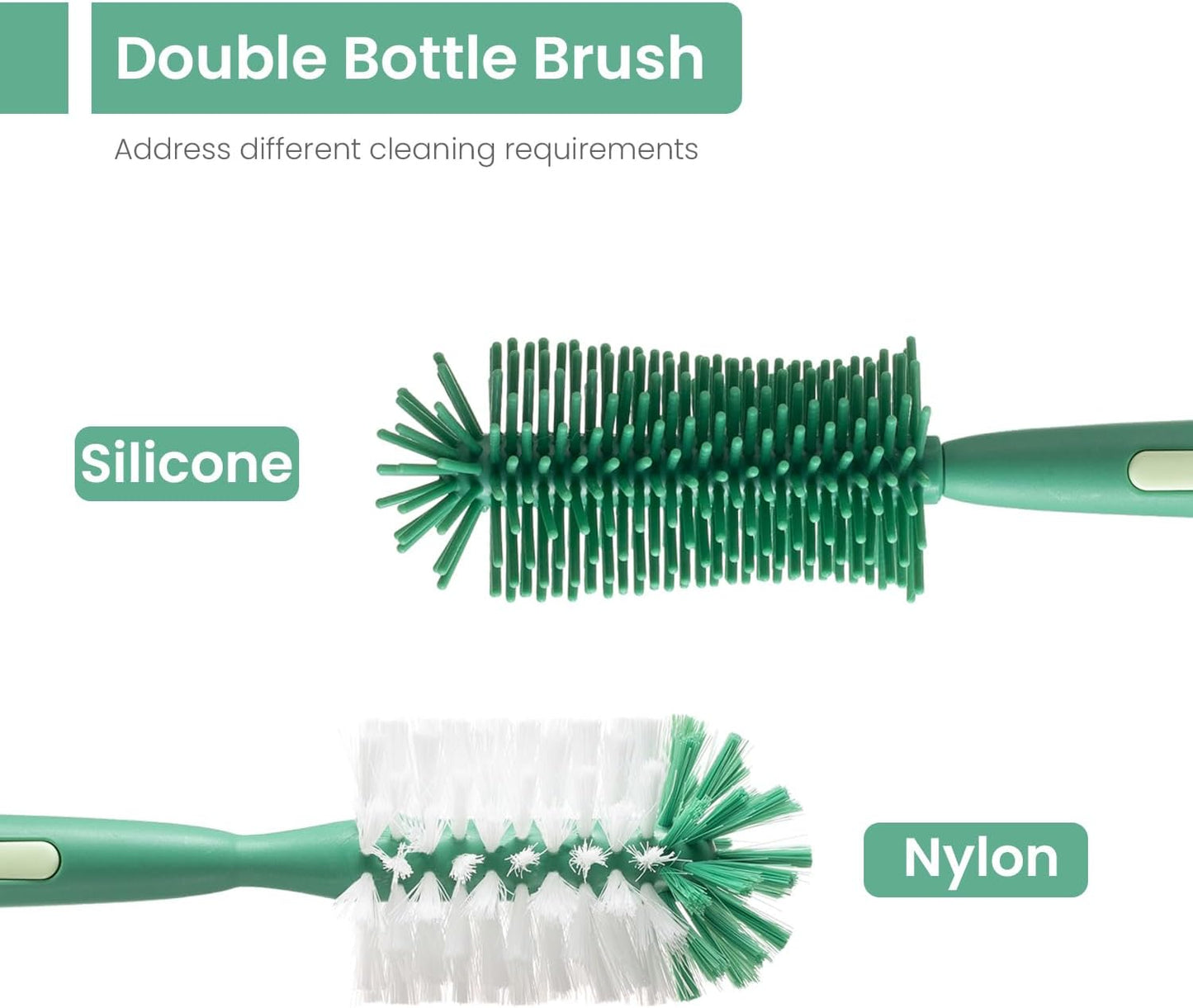 5-in-1 Baby Bottle Brush Set, Bottle Brush for Baby, Baby Bottle Scrubber, Including Silicone & Nylon Bottle Brush, Bottle Cap Brush, Straw Brush, Nipple Brush, BPA-Free (Green)