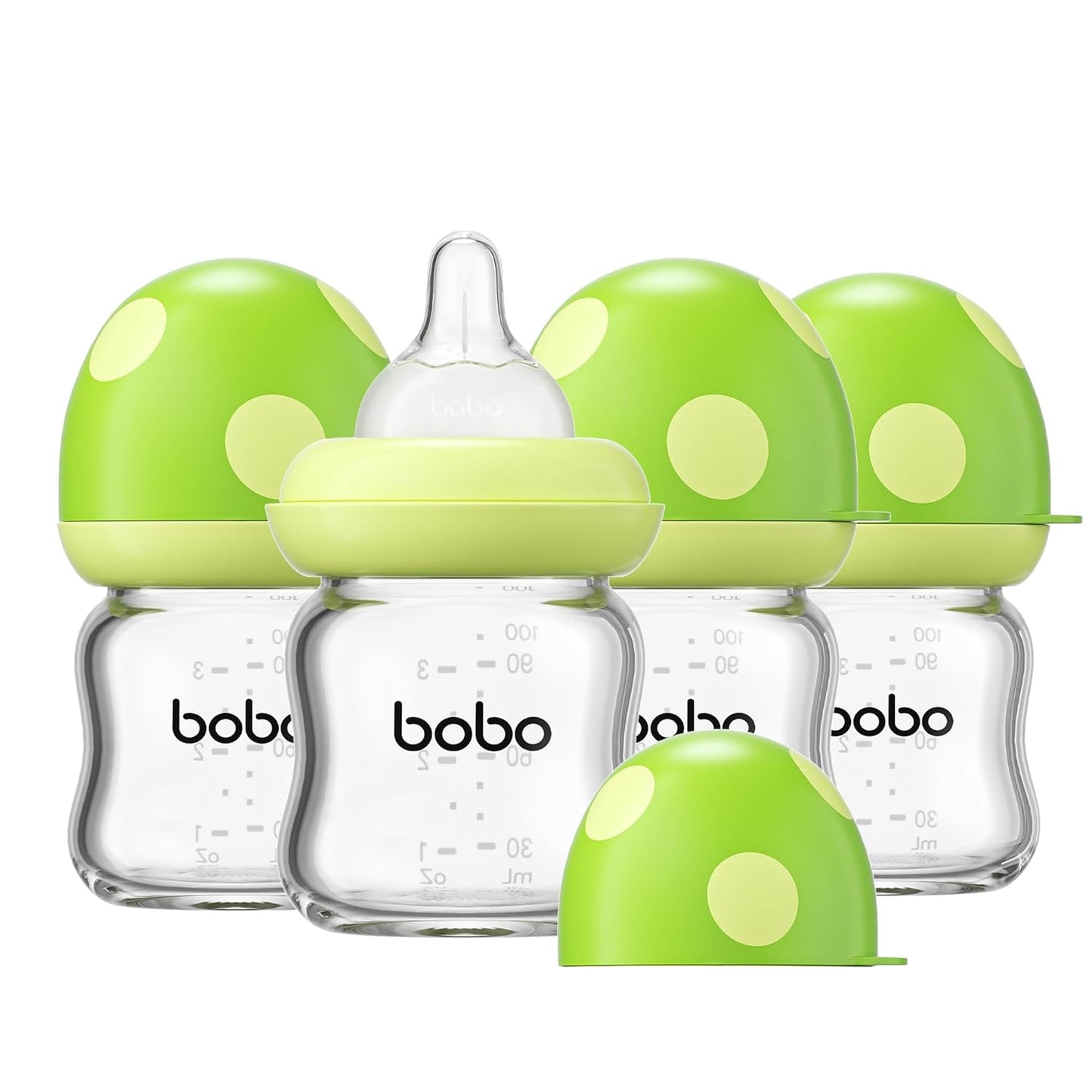YOHKOH Natural Glass Baby Bottle with Natural Response Nipple, Newborn Anti-Colic Baby Bottles, Wide Neck Mushroom Cap Baby Bottle, Clear (Green, 3.4oz (Pack of 4))