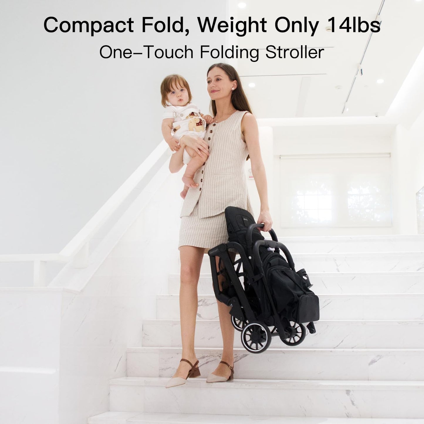 Compact Fold Baby Stroller, Lightweight Travel Toddler Stroller with One-Click Fold, Extendable UPF50+ Canopy, Cup Holder, UV Protected and Waterproof, One-Hand Folding - Black
