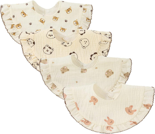 Nishine 4 pcs Unisex Baby Muslin Bandana Drool Bibs 360 Degree Rotatable Cotton Teething Feeding Drooling Bibs for Boy Girl