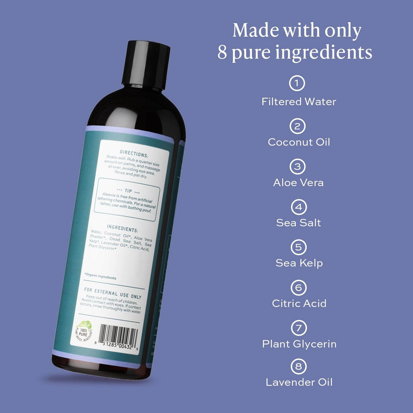 Aleavia Lavender Body Cleanse – Organic & All-Natural Prebiotic Body Wash, Scented with Pure Essential Oils – Nourish Your Skin Microbiome – 16 Oz.