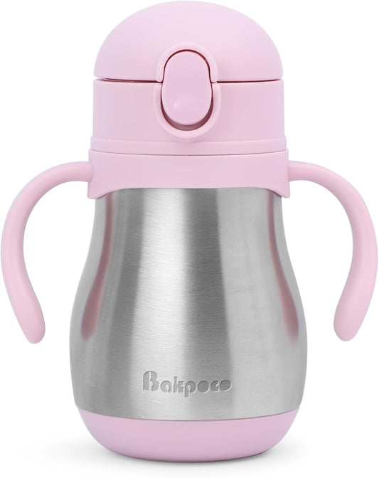 Stainless Steel Sippy Straw Cup for Toddlers 1-3 Years Old, Insulated Toddler Water Bottle Baby Training Tumbler with Handles, 8oz Kids Straw Cups for Travel, Daycare & At Home, Pink