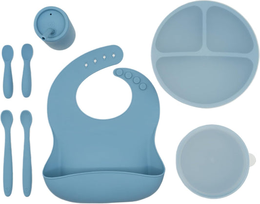 WeeSprout Baby Led Weaning Bundle, Silicone Suction Bowl, Spoons, Bib & Cup, Develops Self Feeding Skills, Dishwasher Safe (Blue)