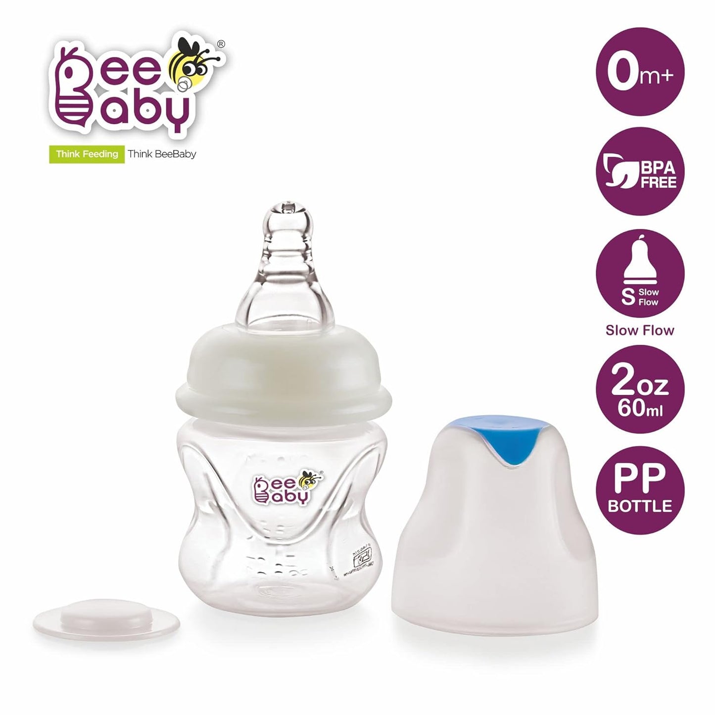 BEEBABY Anti-Colic Baby Feeding Bottle, Easy to Clean, Slow Flow Breast-Like Nipple for Baby, Infant and Newborn: 2 oz (60 ml)