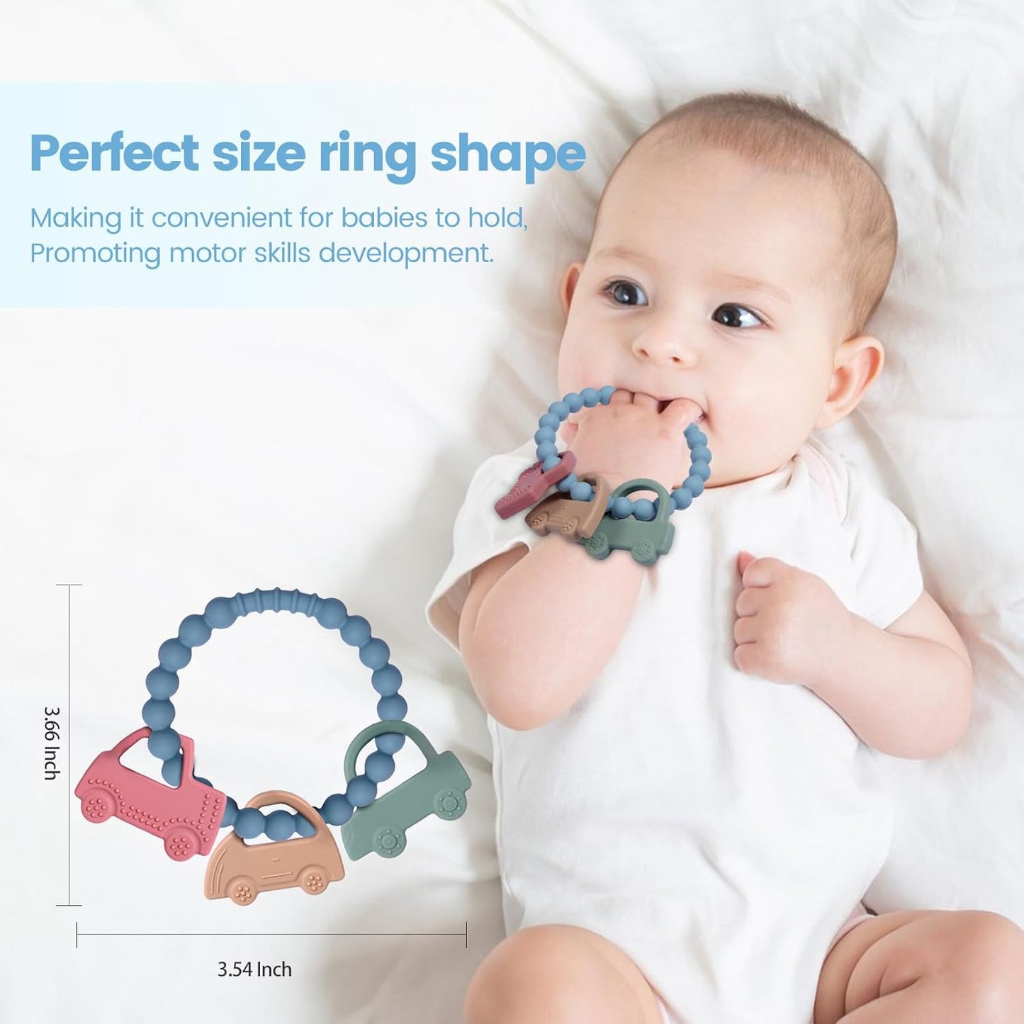 Baby Silicone Ring Toy with 3 Cars Teether,Food Grade Silicone Chew Toys for 3-6,6-12,12-18 Months Newborns,Infants,Toddlers Teething Relief,Safe and Soft,BPA Free,Baby Essentials.