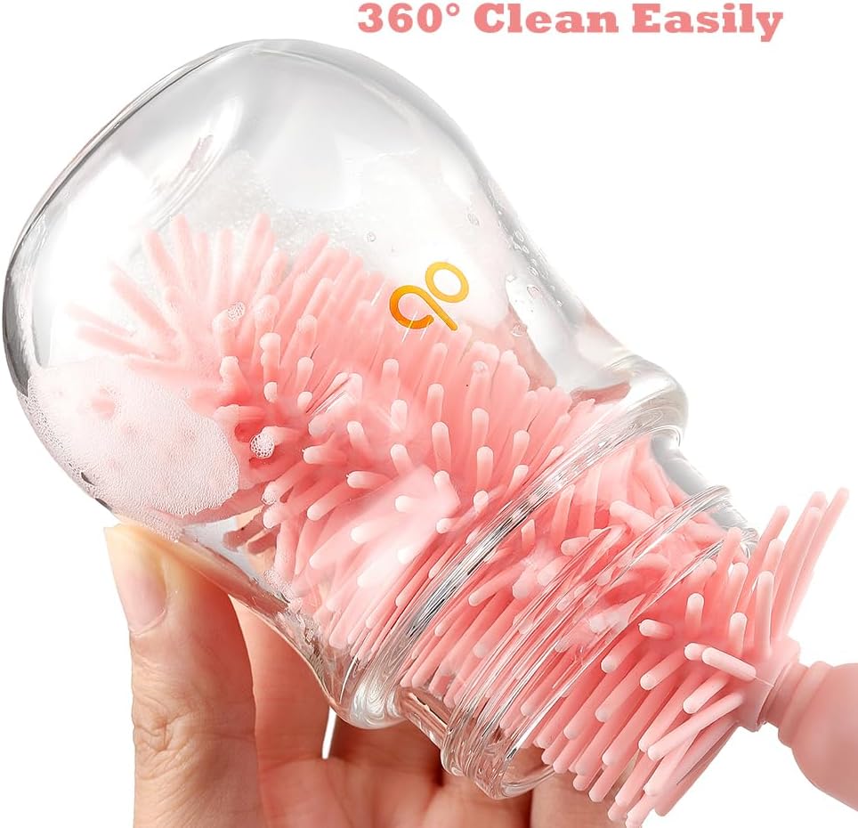 6 In1 Baby Bottle Brush Kit,Portable Silicone Bottle Brush Cleaner Set with Straw Brush,Nipple Brush,Drying Rack,Soap Dispenser,Storage Bag for Travel or Home (Pink)