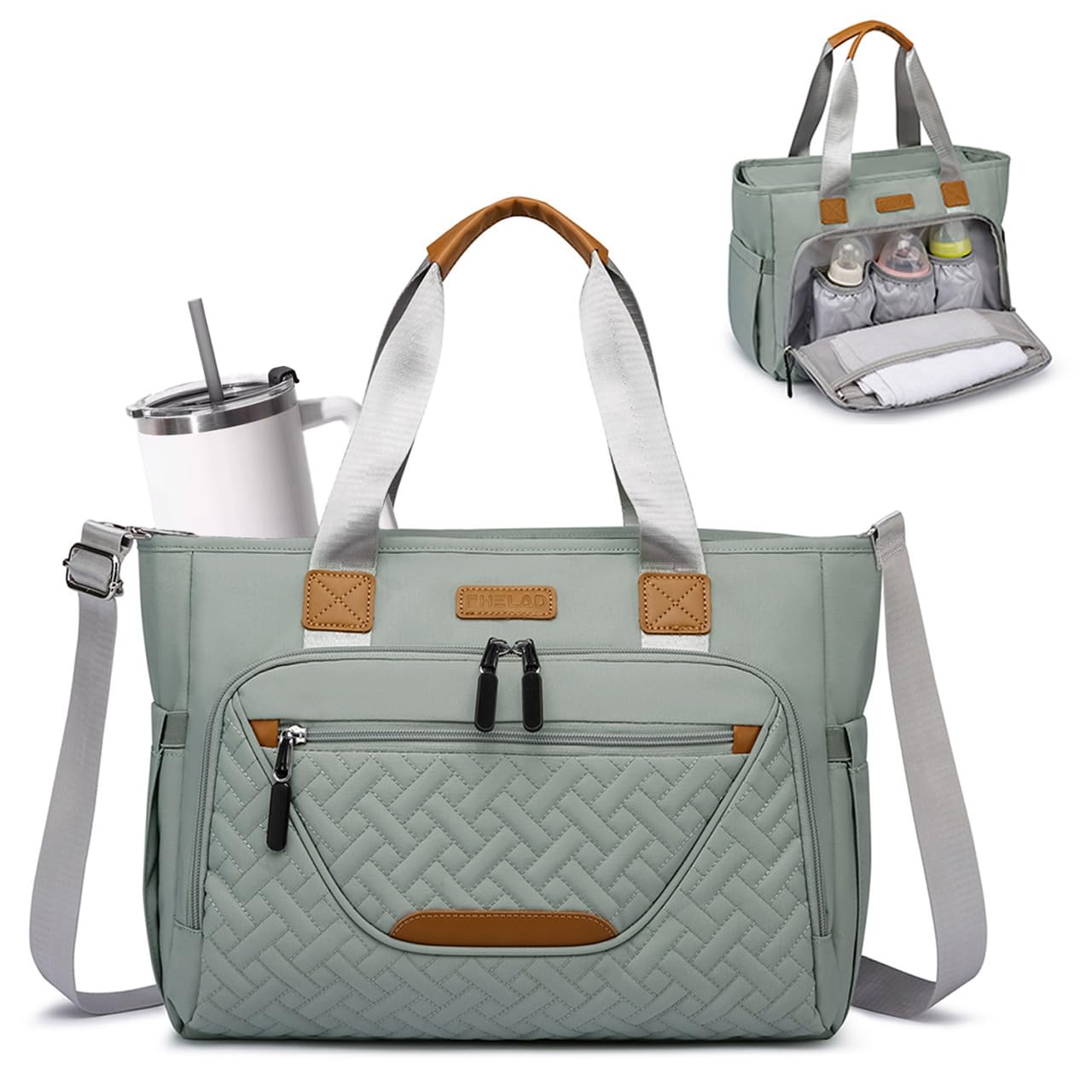 Diaper Bag Tote, Large Tote Diaper Bag with 16" Laptop Compartment, Baby Bag with Insulated Pocket for Mam and Dad, Ideal for Travel, Work (Morandi Grey)