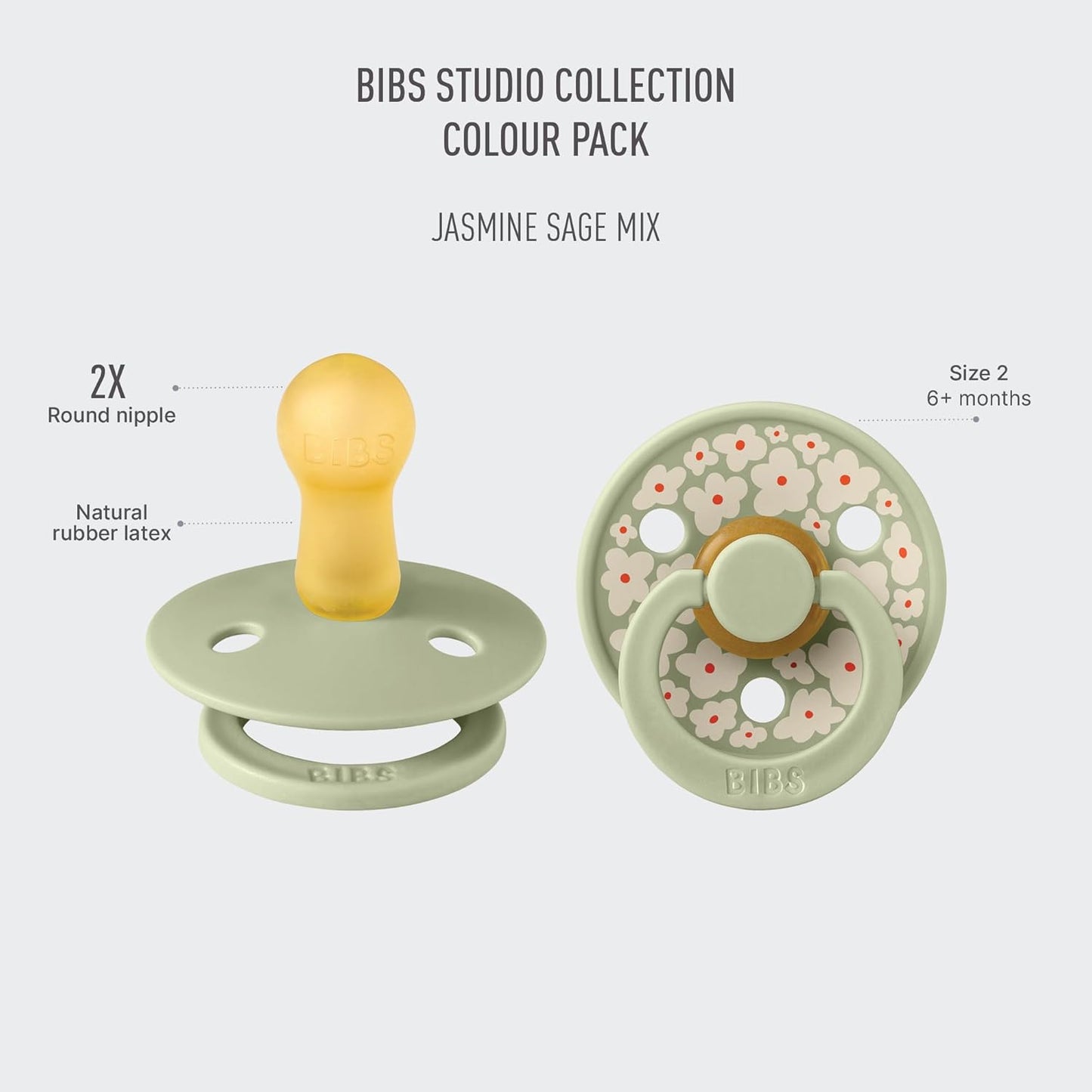 BIBS Pacifiers - Studio 2 Pack | Round Nipple Baby Pacifier | BPA Free Natural Rubber Latex Soother | Made in Denmark | Size 6+ Months | Jasmine Sage