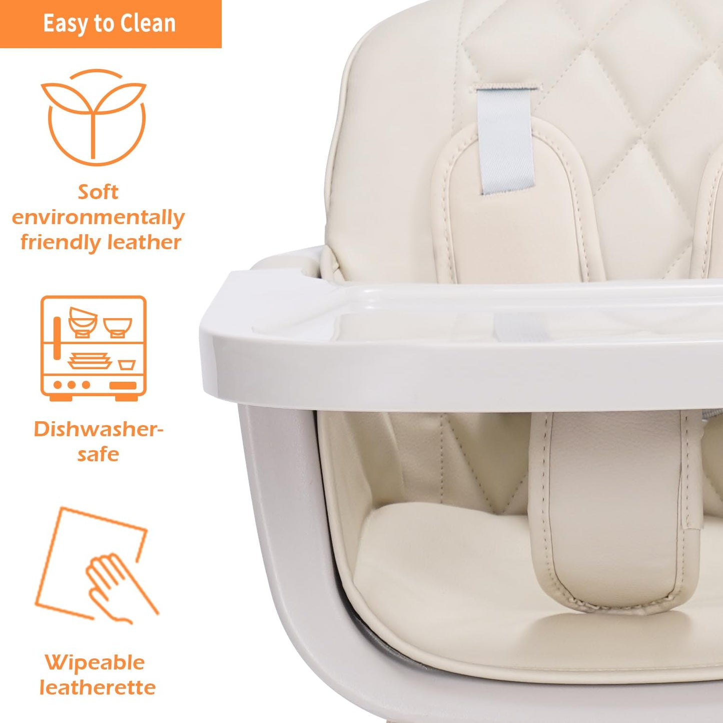 Mallify 3-in-1 Convertible Wooden High Chair, High Chairs for Babies and Toddlers, Baby High Chair with Adjustable Legs & Dishwasher Safe Tray, Made of Sleek Hardwood & Premium Leatherette, Beige
