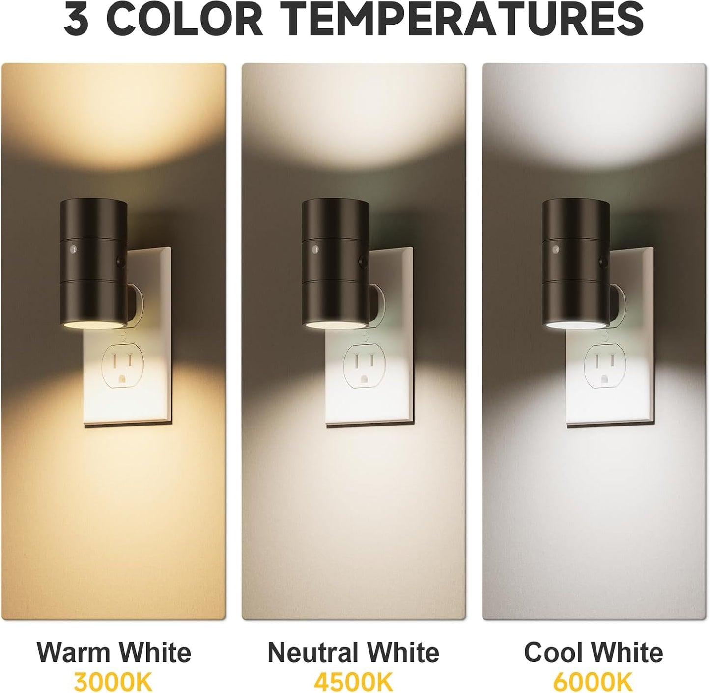 NIORSUN Night Lights Plug into Wall, Dimmable with 3 Color Modes & Auto On/Off Sensor, Ultra-Slim Nightlight for Hallway, Bathroom, Bedroom, Nursery, Kitchen (4 Pack, Black)