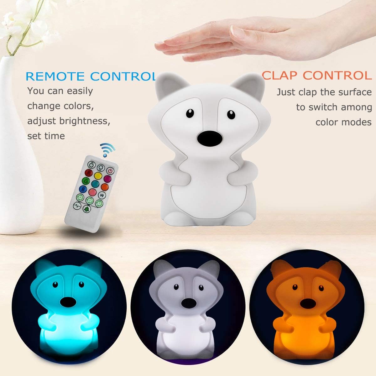 Fox Night Lights Bedside lamp, Bedroom Light for Kids, Baby Nursery lamps - Break Resistant, Eye Caring, Adjustable Brightness & Color and Time Setting, Gifts for Kids Babies Boy Girl - Medium