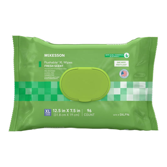 McKesson Flushable* Adult Wet Wipes XL – 96 Wipes (1 Pack of 96) – Aloe & Vitamin E, Plant-Based Cleansing Wipes, Scented, Extra Large
