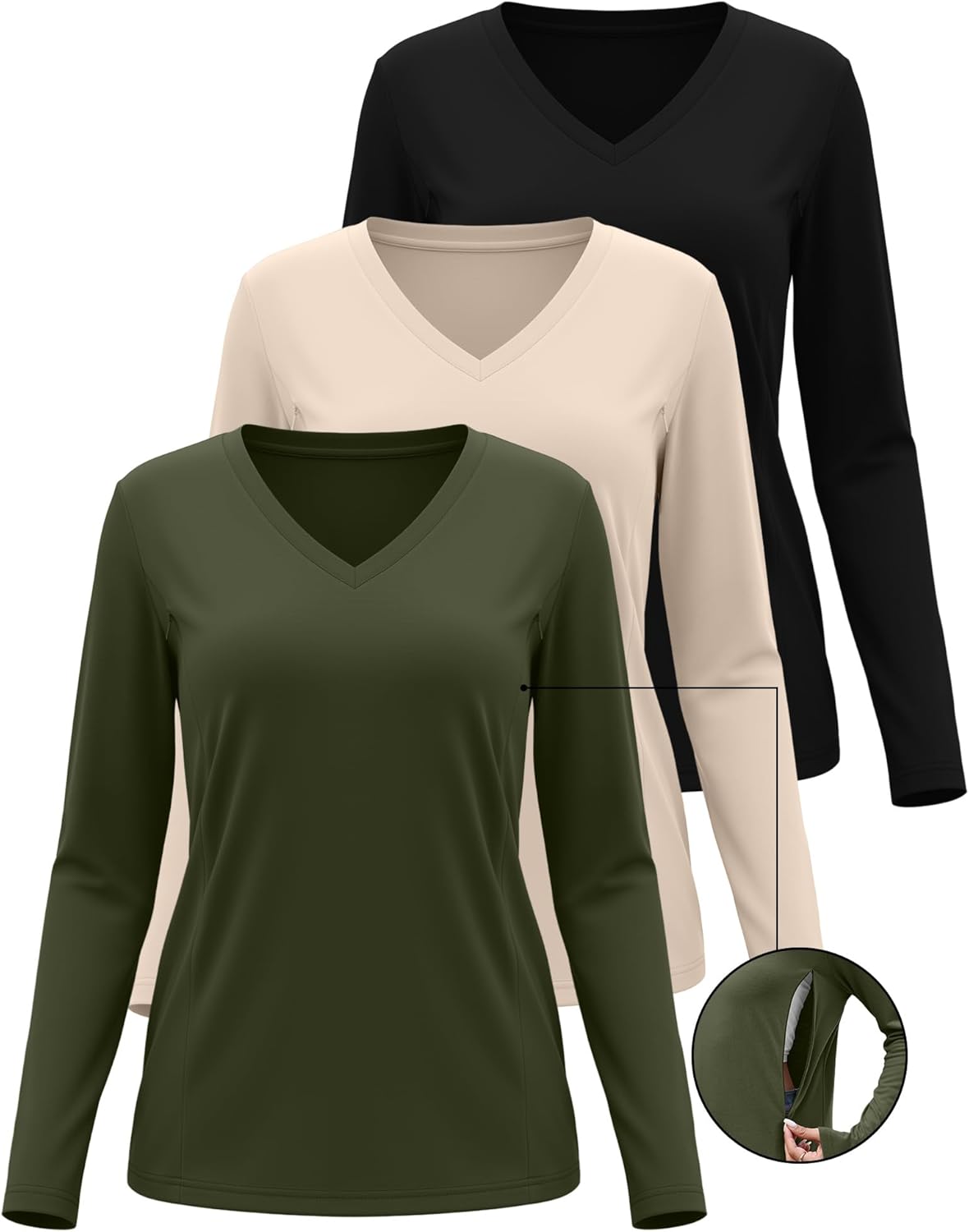 Huukeay 3 Pack Women's Long Sleeve Nursing Tops, Breastfeeding Hidden Zippers Shirts V Neck Maternity Pregnancy Tees Clothes