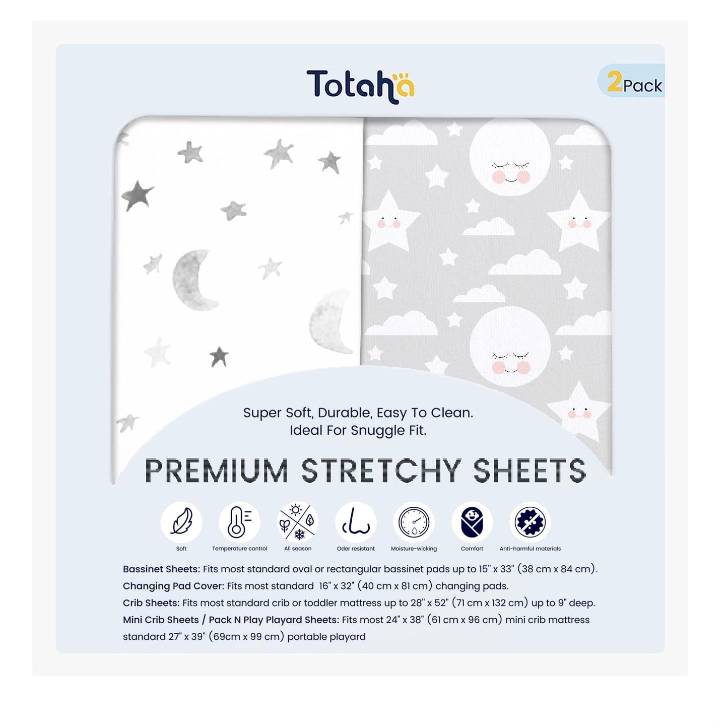TotAha Premium Stretchy Changing Pad Cover, Buttery Soft Diaper Changing Pad Covers for Girls Boys, Super Stretchy Jersey Knit Changing Table Covers, 2 Pack, Moon & Grey Sky
