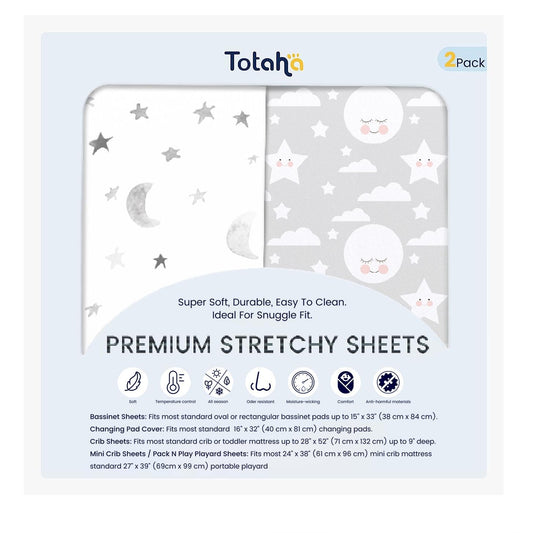 TotAha Premium Stretchy Changing Pad Cover, Buttery Soft Diaper Changing Pad Covers for Girls Boys, Super Stretchy Jersey Knit Changing Table Covers, 2 Pack, Moon & Grey Sky