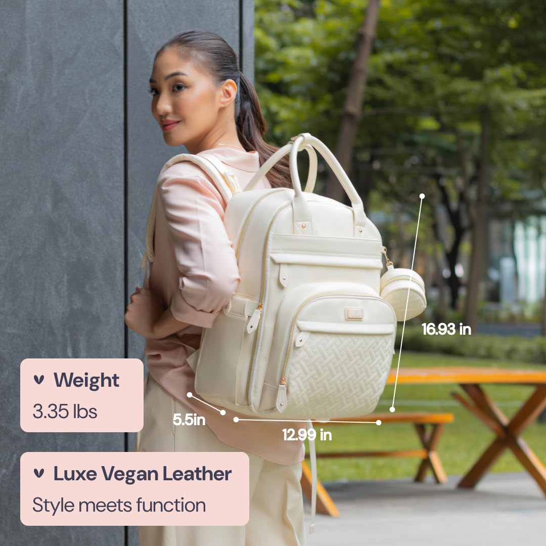 BabbleRoo Leather Diaper Bag Backpack - Baby Essentials Travel Baby Bag, Multi function, Water Resistant, with Changing Pad, Stroller Straps & Pacifier Case – Unisex, Eggshell White