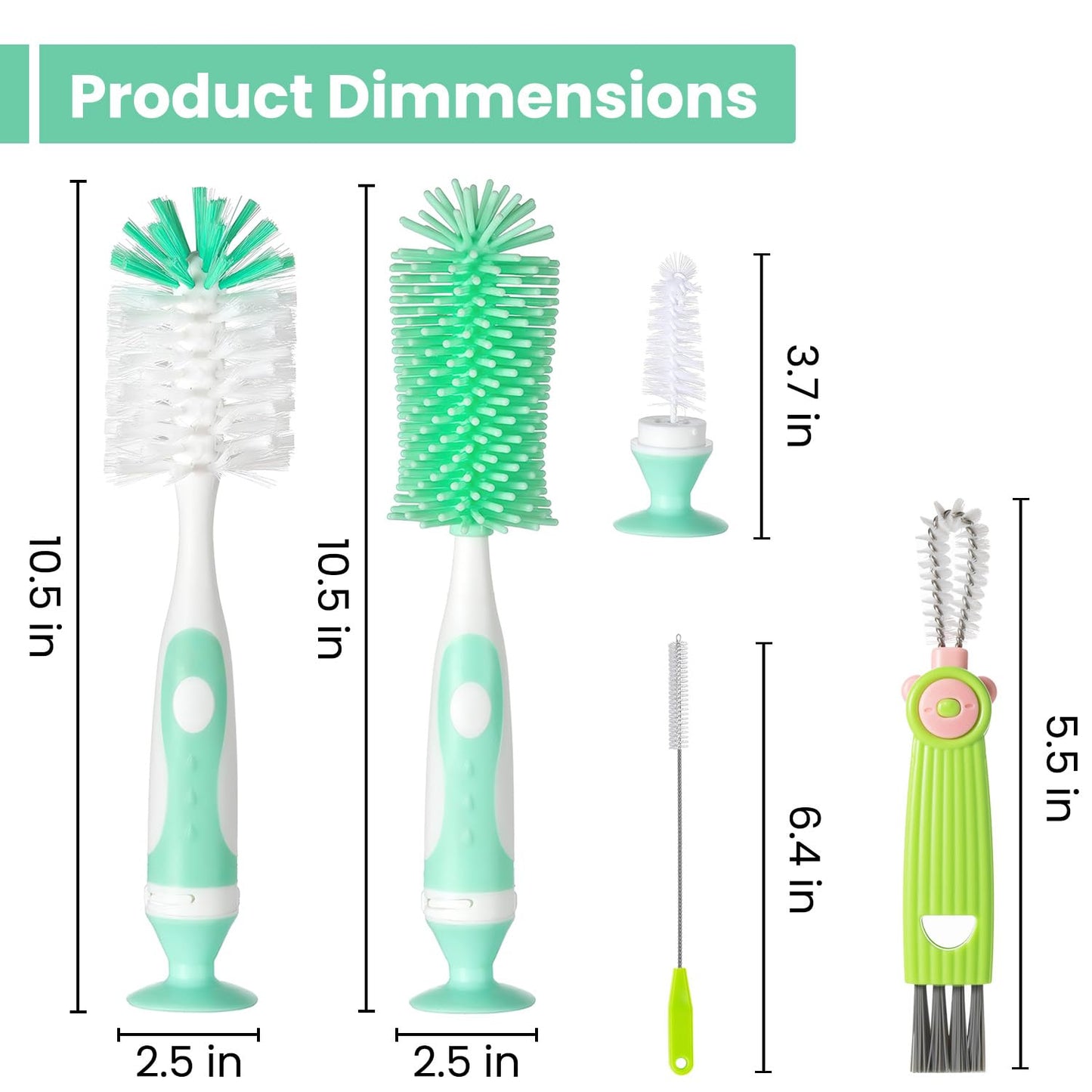 5-in-1 Baby Bottle Brush Set, Bottle Brush for Baby, Bottle Cleaner Brush Set, Including Nylon and Silicone Bottle Brush, Bottle Cap Brush, Straw Brush, Nipple Brush, BPA-Free (Green)