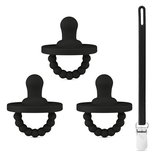 Ryan & Rose Cutie PAT Pacifier Teether 3 Pack and Flex Clip (Flat, Black)