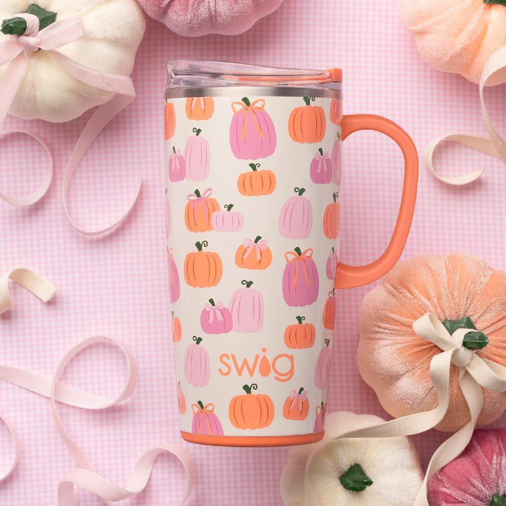Swig Life 22oz Travel Mug, Insulated Tumbler with Handle and Lid, Travel Coffee Mug, Cup Holder Friendly, Stainless Steel 22 oz Tumbler, Reusable Insulated with Lid (Pumpkins and Bows)