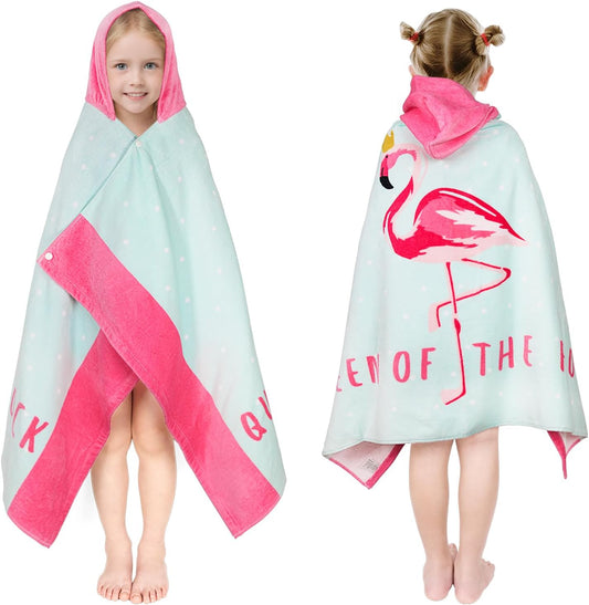 Kids Hooded Bath Towel-Soft Thick 100% Cotton Hooded Beach Towel for Kids 3-10 Years,Absorbent Fast-Drying Cute Toddler Bath & Swim Towel,for Boys & Girls 30"x50"(Flamingo Aqua)