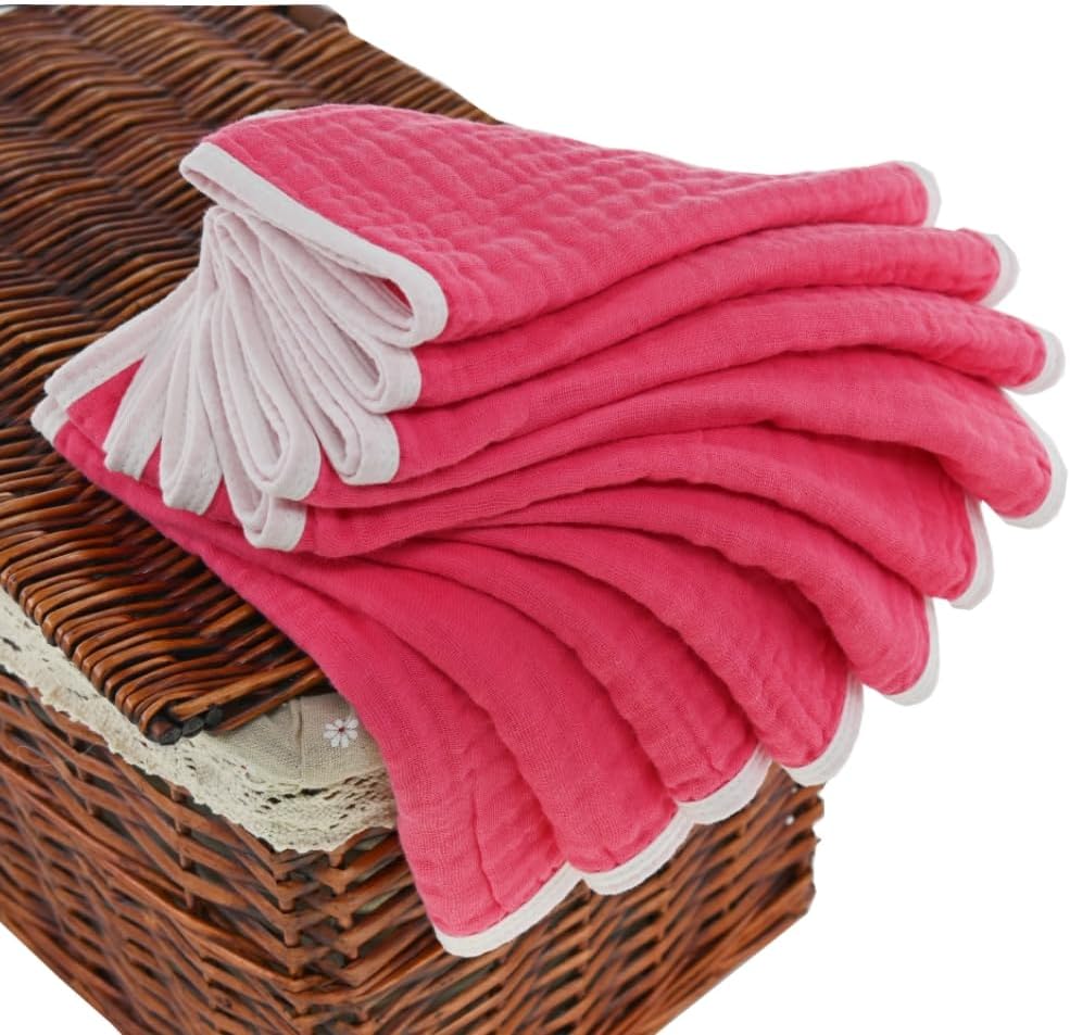 Synrroe Muslin Burp Cloths Large Pack of 10 Extra Absorbent and Soft 6 Layers 20 by 10 Inches 100% Cotton (Rose Red 10 Pack)