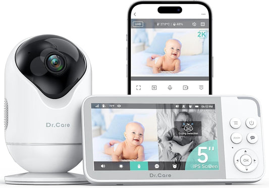 Dr.Care VistaView Smart WiFi Baby Monitor - 5” 1080P Split Screen & 2K Camera App Control, Cry & Motion Alerts, HD Night Vision, 5000mAh Battery, 2-Way Talk, Multi-User, Triple Security, 1279ft Range