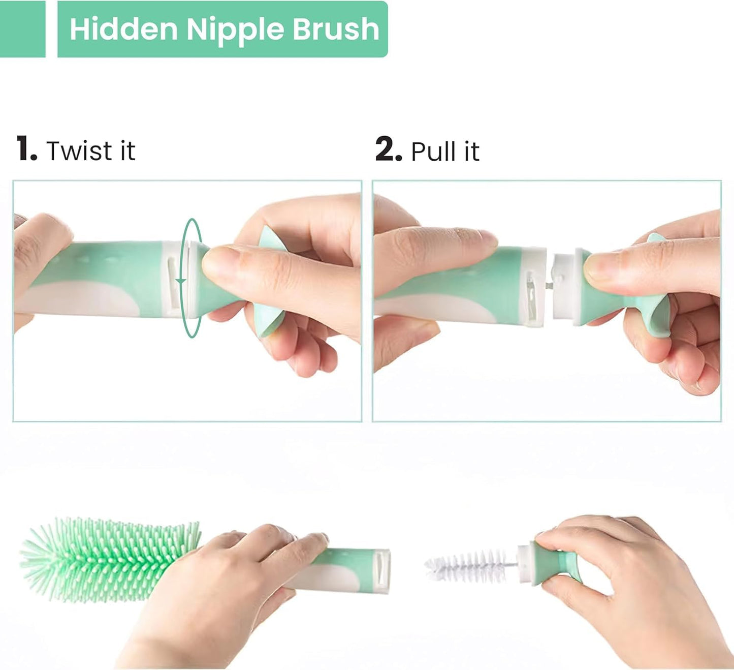 4-in-1 Baby Bottle Brush Set, Bottle Brush Cleaner, Bottle Cleaner Brush Set, Including Nylon Bottle Brush, Bottle Cap Brush, Straw Brush, Nipple Brush, BPA-Free (Green)