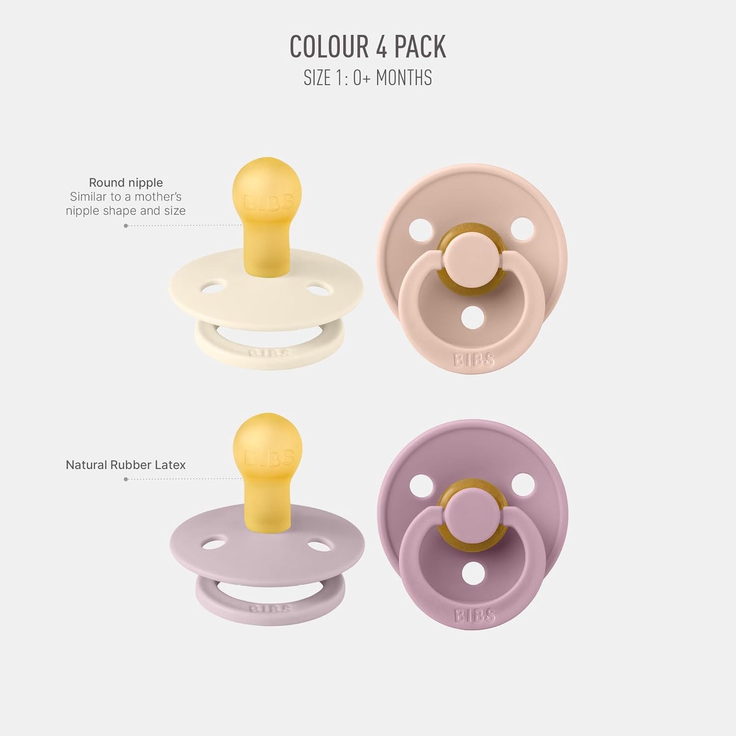 BIBS Pacifiers - Colour 4 Pack | Round Nipple Baby Pacifier | BPA Free Natural Rubber Latex Soother | Made in Denmark | Size 0-6 Months | Girl Colors
