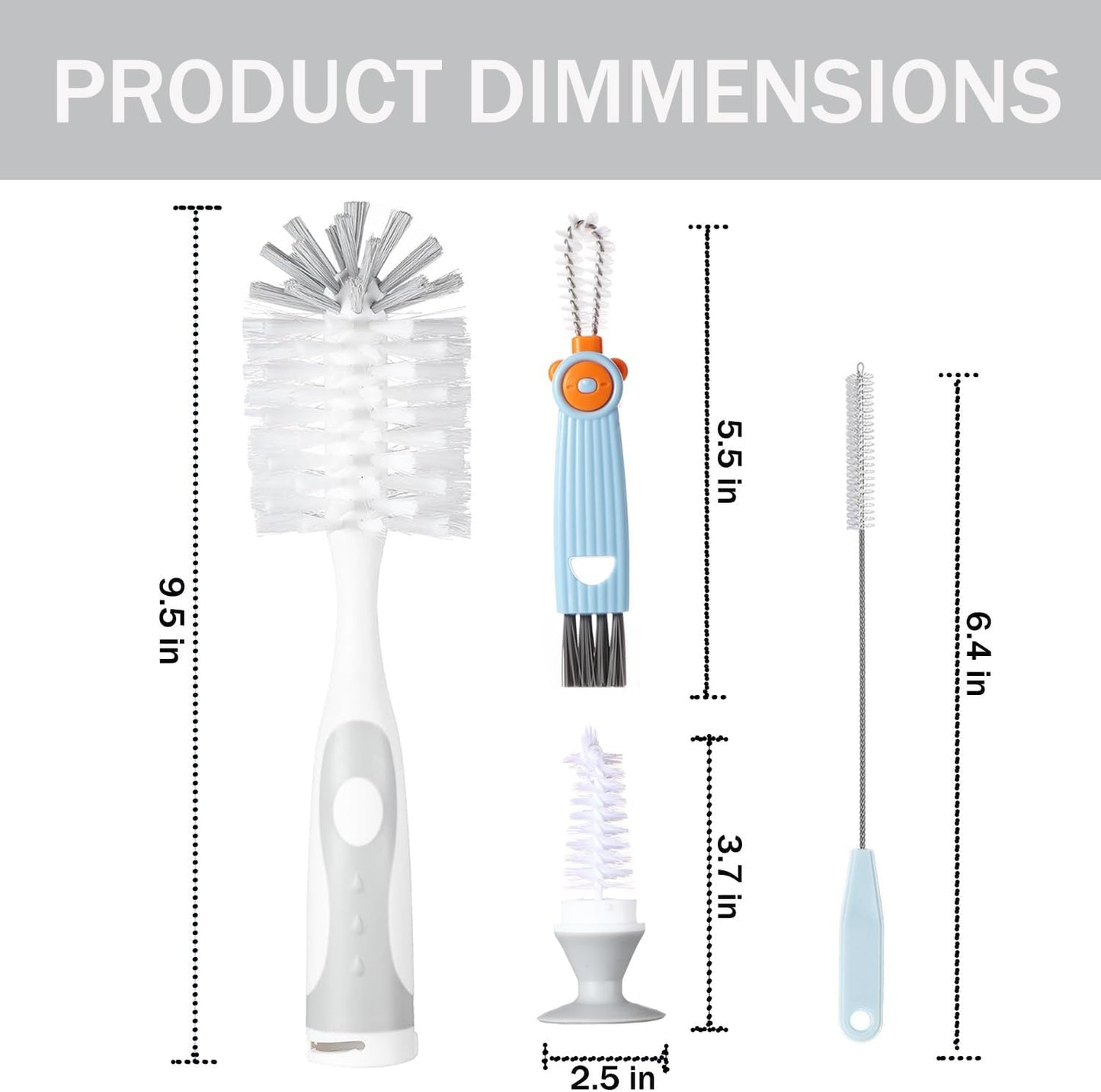 Baby Bottle Brush Set 4 in 1, Baby Bottle Cleaner, with 1P Nylon Bottle Brush, 1P Bottle Cap Brushes, 2P Straw Brushes, Bottle Brush with Nipple Cleaner and Suction Cup, BPA-Free(Grey)