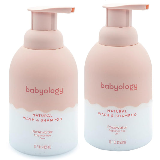 Babyology All Natural Baby Wash and Shampoo - 100% Edible Ingredients - with Organic Rose Water (Unscented) - 12 FL. OZ - Good for Sensitive Skin - Non Toxic - Tear Free (Pack of 2)