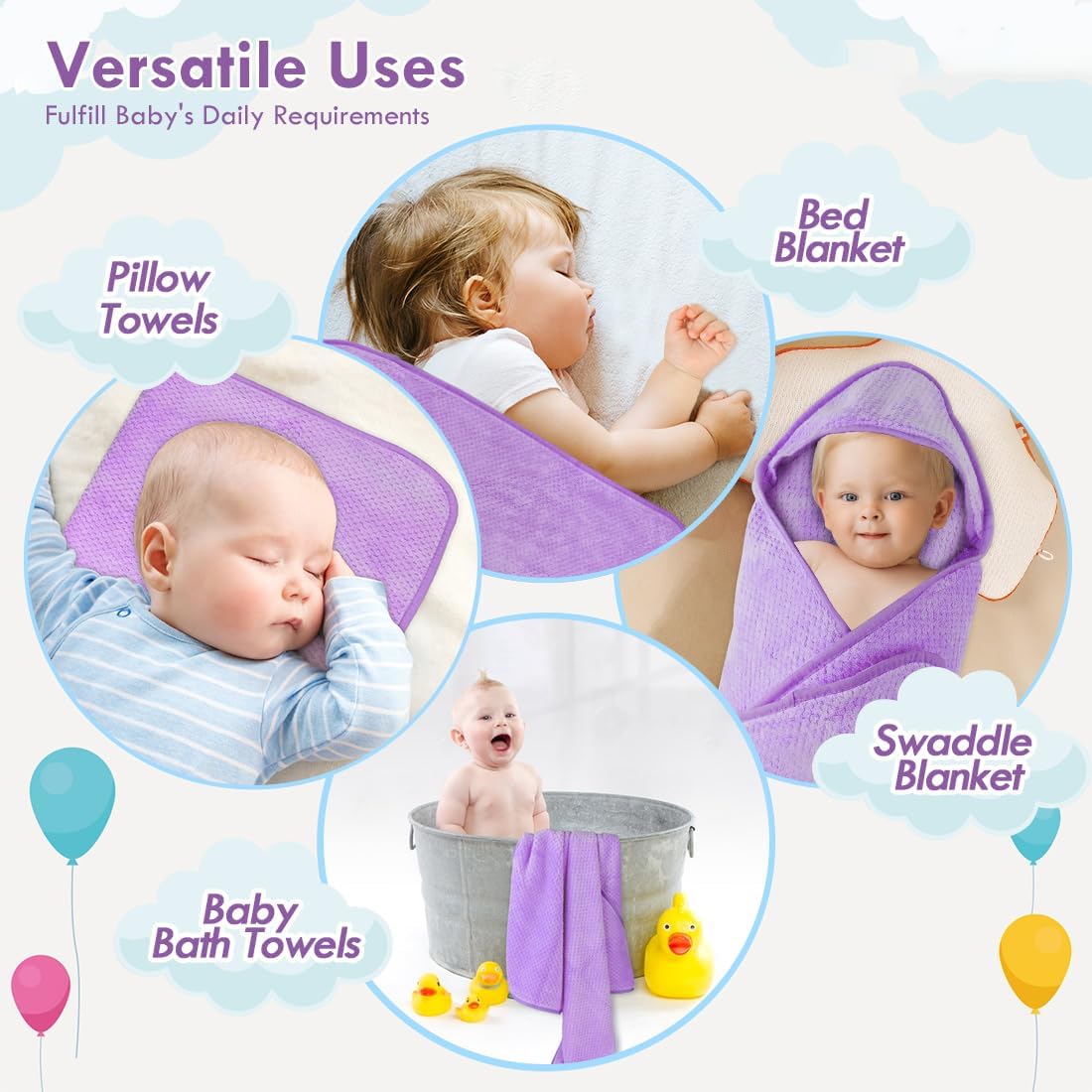 Orighty Baby Hooded Towel with Five Washcloths, 28 x 28 Inch Super Soft Bath Towel with Hood for Babies, Infant, Newborn Essential - Ideal Baby Stuff Registry for Boys and Girls (Purple)