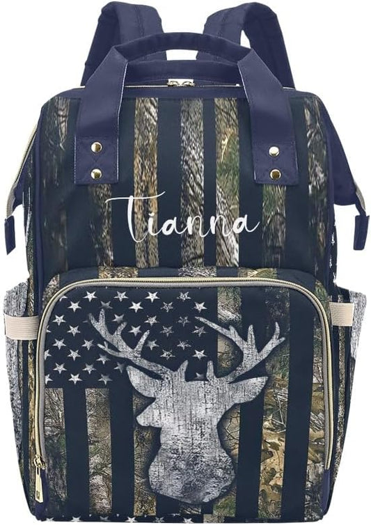 American Flag Camo Deer Blue Diaper Bags with Name Waterproof Mummy Backpack Nappy Nursing Baby Bags Gifts Tote Bag for Women